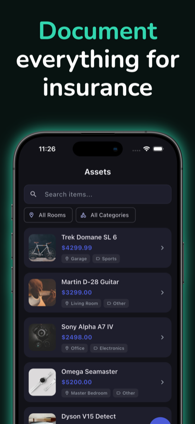 Honvy home inventory list with items, values and categories