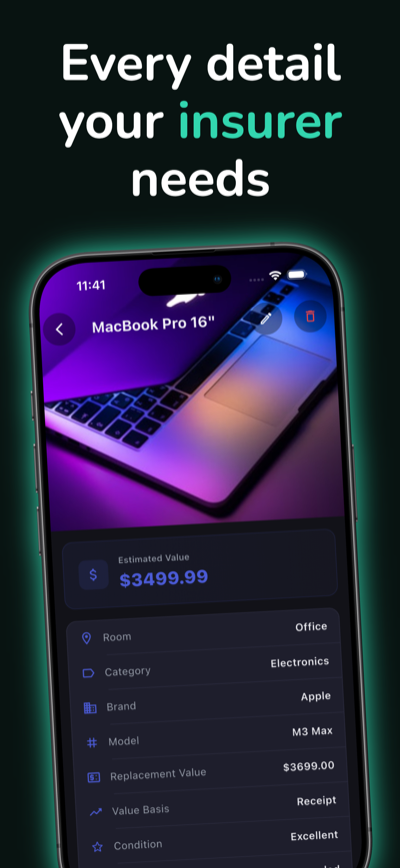 Detailed item view with value, brand, model and condition