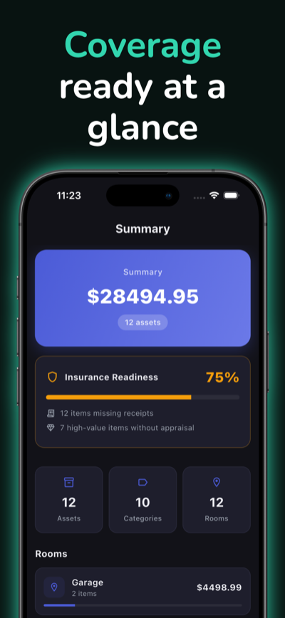 Insurance readiness summary with coverage score